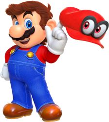 Rule 34 | 1boy, blue eyes, brown footwear, brown hair, facial hair, full body, hat, highres, male focus, mario, mario (series), mustache, nintendo, official art, overalls, red hat, shoes, super mario odyssey, transparent background