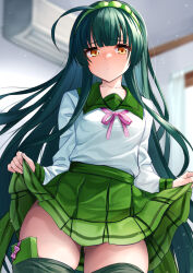 Rule 34 | 1girl, absurdres, ahoge, air conditioner, blush, box, clothes lift, collarbone, cowboy shot, gift, gift box, green hair, green hairband, green skirt, green thighhighs, hairband, highres, lifted by self, long hair, long sleeves, looking at viewer, pink ribbon, pleated skirt, ribbon, school uniform, skirt, skirt lift, solo, tenneko yuuri, thighhighs, touhoku zunko, valentine, voiceroid, yellow eyes