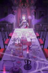 Rule 34 | 1girl, apricot the lich, cake, candle, chair, champagne flute, chandelier, copyright name, cup, drinking glass, flower, food, fork, ghost, hand up, kumomachi, plate, red flower, shadow, silk, solo, spider web, teapot, virtual youtuber, vshojo, wide shot
