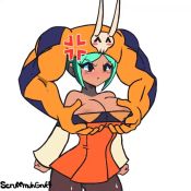 Rule 34 | 1girl, ^ ^, anger vein, angry, animated, artist name, black legwear, blush, grabbing another&#039;s breast, breasts, cerebella (skullgirls), cleavage, closed eyes, detached sleeves, dress, closed eyes, grabbing, green hair, groping, large breasts, orange dress, scruffmuhgruff, skullgirls, vice-versa (skullgirls), video, white background, white sleeves