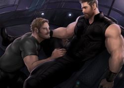 Rule 34 | 2boys, bara, bare shoulders, beard, black jacket, black pants, bulge, character request, couple, crotch grab, dopey (dopq), eye contact, facial hair, foot out of frame, green shirt, jacket, large pectorals, light brown hair, looking at another, male focus, marvel, mature male, multiple boys, muscular, muscular male, mustache, paid reward available, pants, pectorals, shirt, short hair, sideburns, sleeveless, sleeveless jacket, spread legs, stubble, thick eyebrows, thick thighs, thighs, thor (marvel), tight clothes, tight pants, yaoi