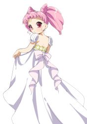 Rule 34 | 1girl, backless dress, backless outfit, bad id, bad pixiv id, bare back, bishoujo senshi sailor moon, chibi usa, clothes grab, cone hair bun, crescent, crescent facial mark, double bun, dress, facial mark, forehead mark, hair bun, looking back, pink eyes, pink hair, small lady serenity, solo, twintails, white dress, yupachi