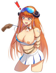 Rule 34 | !, 1girl, :d, absurdres, arknights, arms behind back, bagpipe (arknights), bare arms, bare shoulders, blue archive, blush, bound, bound arms, breasts, breasts out, cleavage, commentary request, commission, copyright name, cosplay, crop top, cropped legs, disembodied hand, goggles, goggles on head, hand up, hibiki (blue archive), highres, horns, large breasts, long hair, looking down, midriff, miniskirt, motion blur, motion lines, navel, nipples, open mouth, orange hair, pleated skirt, purple eyes, rope, second-party source, shibari, shibari over clothes, shinebell, simple background, skirt, sleeveless, smile, solo focus, standing, stomach, thighs, torn clothes, very long hair, white background, white skirt