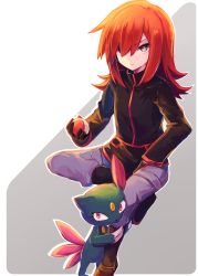 Rule 34 | 1boy, black footwear, black jacket, boots, bright pupils, closed mouth, commentary request, creatures (company), game freak, gen 2 pokemon, grey eyes, highres, holding, holding poke ball, izumori (yukiasxm), jacket, long hair, long sleeves, male focus, nintendo, pants, poke ball, poke ball (basic), pokemon, pokemon (creature), pokemon adventures, purple pants, silver (pokemon), sneasel, white pupils