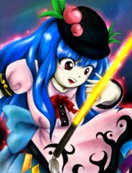 Rule 34 | 1girl, :d, black hat, blue hair, blue skirt, bow, bowtie, food, fruit, hat, hinanawi tenshi, long hair, lowres, medinki, official style, open mouth, peach, peach hat ornament, puffy short sleeves, puffy sleeves, red bow, red bowtie, red eyes, shirt, short sleeves, skirt, smile, solo, sword, sword of hisou, teeth, touhou, upper teeth only, weapon, white shirt, zun (style)