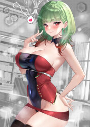 Rule 34 | 1girl, azur lane, bare shoulders, black leotard, black thighhighs, breasts, closed mouth, detached collar, earrings, giuseppe garibaldi (azur lane), green hair, hand on own hip, heart, highres, indoors, jewelry, large breasts, leotard, looking at viewer, multicolored hair, red eyes, red leotard, skindentation, smile, spoken heart, streaked hair, studiopokotan, thighhighs, thighs, two-tone leotard, v