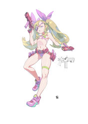 Rule 34 | 1girl, absurdres, aqua eyes, aqua footwear, bare shoulders, belt, belt pouch, bikini, blonde hair, bow, bright pupils, buttons, clothes writing, colored eyepatch, dual wielding, eyelashes, eyepatch, female focus, full body, grey background, gun, hair bow, handgun, heart, heart belt, heart eyepatch, heart print, highres, holding, holding gun, holding weapon, jinyu lao honglingjin, long eyelashes, long hair, looking at viewer, magazine (weapon), multicolored eyes, multicolored footwear, navel, open mouth, original, pink bikini, pink bow, pink eyes, pink footwear, pouch, purple eyes, red footwear, shiny skin, simple background, sketch, skindentation, smiley face, solo, swimsuit, tally, teeth, thigh strap, triangle, twintails, upper teeth only, weapon, white pupils