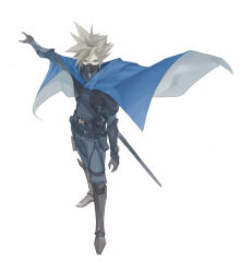 Rule 34 | 1boy, absurdres, arm armor, armor, armored boots, belt, black gloves, black pants, black shirt, blonde hair, blue cape, blue eyes, boots, cape, chest strap, cloud strife, commentary, covered mouth, dododo, final fantasy, final fantasy vii, final fantasy vii remake, from above, full body, glaring, gloves, gold saucer, grey footwear, high collar, highres, knight, long sleeves, male focus, mask, mouth mask, official alternate costume, outstretched arm, pants, scabbard, serious, shadow, sheath, shirt, short hair, shoulder armor, shoulder strap, simple background, solo, spiked hair, sword, thigh strap, weapon, white background