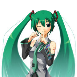 Rule 34 | 1girl, bad id, bad pixiv id, bare shoulders, detached sleeves, finger to mouth, green eyes, green hair, hatsune miku, headphones, koikeya, long hair, matching hair/eyes, microphone, necktie, one eye closed, simple background, solo, twintails, very long hair, vocaloid, wink