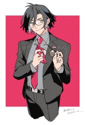 Rule 34 | 1boy, alternate costume, belt, bespectacled, black belt, black hair, black jacket, black pants, black suit, border, closed mouth, collared shirt, constantine xi (fate), cropped legs, curtained hair, earrings, fate/grand order, fate (series), formal, glasses, grey eyes, grey shirt, hair between eyes, handkerchief, highres, holding, holding handkerchief, holding removed eyewear, jacket, jewelry, kitada, lapel pin, lapels, long sleeves, looking at viewer, male focus, necktie, notched lapels, open clothes, open jacket, outside border, pants, red background, red necktie, shirt, shirt tucked in, short hair, simple background, smile, solo, standing, suit, suit jacket, unworn eyewear, white border