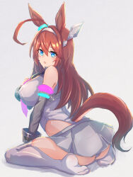 Rule 34 | 1girl, absurdres, ahoge, animal ears, bare shoulders, blush, breasts, clothing cutout, commentary request, detached sleeves, ear ornament, feet, grey leotard, grey skirt, grey thighhighs, hair between eyes, hair ornament, hairclip, highres, horse ears, horse girl, horse tail, large breasts, leotard, long sleeves, looking at viewer, mihono bourbon (umamusume), miniskirt, necktie, no shoes, open mouth, pink necktie, sitting, skirt, solo, taikihori, tail, tail through clothes, thighhighs, umamusume, wariza
