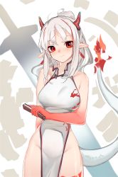 Rule 34 | 1girl, arknights, bare arms, bare shoulders, blush, breasts, china dress, chinese clothes, closed mouth, commentary request, dragon girl, dragon horns, dragon tail, dress, eyebrows hidden by hair, flame-tipped tail, folded fan, folding fan, groin, hand fan, head tilt, highres, holding, holding fan, horns, inniyik, large breasts, long hair, looking at viewer, multicolored hair, nian (arknights), nian (unfettered freedom) (arknights), no panties, official alternate costume, pointy ears, ponytail, red eyes, red hair, sleeveless, sleeveless dress, solo, streaked hair, tail, white dress, white hair