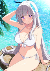 Rule 34 | 1girl, arm up, bikini, blue archive, blunt bangs, breasts, closed mouth, collarbone, day, halo, headgear, large breasts, long hair, looking at viewer, navel, noa (blue archive), outdoors, purple eyes, rin ateria, sitting, smile, solo, stomach, swimsuit, thighs, very long hair, water, white bikini, white hair