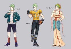 Rule 34 | 3boys, achilles (fate), alternate costume, american football, american football (object), american football uniform, bad id, bad pixiv id, ball, blue jacket, changye, character sheet, crossdressing, dress, fate/apocrypha, fate/grand order, fate (series), full body, gloves, green hair, hood, hoodie, jacket, letterman jacket, male focus, mouth hold, multiple boys, multiple persona, shorts, sportswear, standing, yellow eyes