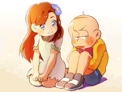Rule 34 | 10s, 1boy, 1girl, bald, blue flower, blush, bow, bowtie, chibita, closed mouth, dress, embarrassed, flower, flower fairy (osomatsu-kun), flower girl (osomatsu-kun), gradient background, hair flower, hair ornament, half-closed eyes, hetero, hugging own legs, long hair, long sleeves, looking at another, open mouth, orange hair, osomatsu-kun, osomatsu-san, osomatsu (series), red bow, red bowtie, seiza, shoes, short sleeves, shorts, sitting, smile, swept bangs, whiskers, white dress, xxxceller