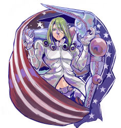 Rule 34 | 2boys, 4179a, :o, american flag, curly hair, dirty deeds done dirt cheap, funny valentine, gloves, green eyes, green hair, groin, highres, jojo no kimyou na bouken, long hair, looking at viewer, male focus, midriff, multiple boys, navel, open mouth, profile, stand (jojo), steel ball run, teeth, toned, white gloves