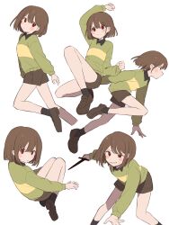 Rule 34 | 1other, absurdres, black shirt, black socks, blush stickers, brown footwear, brown hair, brown shorts, chara (undertale), closed mouth, collared shirt, green sweater, highres, holding, holding knife, knees up, knife, legs together, loafers, long sleeves, looking at viewer, lying, medium hair, multiple views, nano mochi, on back, red eyes, running, shirt, shoes, shorts, simple background, socks, striped clothes, striped sweater, sweater, undertale, white background