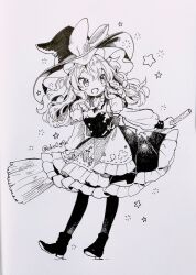 Rule 34 | 1girl, biyon, blush, boots, bow, braid, broom, collared shirt, frilled shirt collar, frilled skirt, frills, full body, greyscale, hat, hat bow, highres, holding, holding broom, kirisame marisa, long hair, long sleeves, looking at viewer, monochrome, open mouth, pantyhose, shirt, simple background, single braid, skirt, smile, solo, touhou, twitter username, vest, white background, witch hat