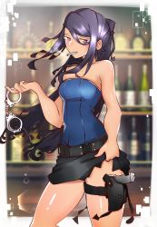Rule 34 | 1girl, absurdres, alternate hairstyle, amano shizuku, bar (place), bare shoulders, belt, bottle, cigarette, cosplay, crossover, cuffs, gun, handcuffs, handgun, highres, holster, holstered, jack daniel&#039;s, jill stingray, jill valentine, jill valentine (cosplay), long hair, miniskirt, name connection, purple hair, resident evil, resident evil 3, resident evil 3: nemesis, resident evil 3 (remake), skirt, smoking, solo, strapless, tube top, va-11 hall-a, weapon, wine bottle