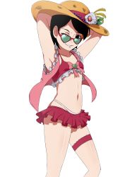 Rule 34 | 1girl, absurdres, armpits, arms behind head, arms up, beads, bikini, black background, black eyes, black hair, boruto: naruto next generations, boruto: naruto the movie, bow, breasts, collarbone, flower, green-tinted eyewear, green-tinted glasses, grin, hat, hat flower, heart, highres, looking at viewer, looking over eyewear, looking over glasses, naruto, naruto (series), navel, one eye closed, open clothes, open vest, pink vest, red bikini, red skirt, short hair, skirt, small breasts, smile, standing, straw hat, sun hat, sunglasses, swimsuit, teeth, thigh strap, third-party edit, tinted eyewear, uchiha sarada, vest, white bikini, wink