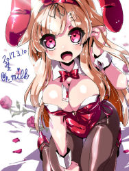 Rule 34 | 10s, 1girl, all fours, animal ears, bare shoulders, between breasts, blonde hair, bow, bowtie, breasts, brown pantyhose, card, card between breasts, cleavage, dated, detached collar, fake animal ears, flower, hair flaps, kantai collection, large breasts, leotard, long hair, miuku (marine sapphire), open mouth, pantyhose, playboy bunny, playing card, rabbit ears, rabbit tail, red eyes, red leotard, rose, signature, solo, strapless, strapless leotard, tail, wrist cuffs, yuudachi (kancolle), yuudachi kai ni (kancolle)
