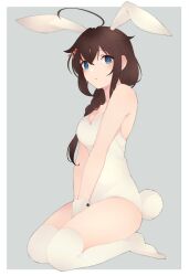 Rule 34 | 1girl, ahoge, alternate costume, animal ears, bare arms, bare shoulders, between legs, blue eyes, border, braid, breasts, brown hair, crossed bangs, full body, grey background, hair between eyes, hair flaps, hair ornament, hair over shoulder, hand between legs, highres, kantai collection, leotard, long hair, looking at viewer, medium breasts, outside border, playboy bunny, rabbit ears, rabbit tail, seiza, shakemi (sake mgmgmg), shigure (kancolle), sidelocks, simple background, single braid, sitting, solo, tail, thighhighs, white leotard, white thighhighs, wrist cuffs