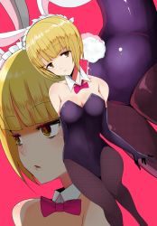 Rule 34 | 10s, 1girl, animal ears, arm behind back, ass, black gloves, black leotard, black pantyhose, blonde hair, blunt bangs, bow, bowtie, breasts, cleavage, cutlass (girls und panzer), detached collar, elbow gloves, fake animal ears, fake tail, fishnet pantyhose, fishnets, girls und panzer, gloves, half-closed eyes, han (jackpot), leotard, lips, medium breasts, multiple views, pantyhose, parted lips, pink background, playboy bunny, rabbit ears, rabbit tail, red neckwear, simple background, strapless, strapless leotard, tail, wing collar, yellow eyes
