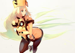 Rule 34 | 1girl, bad id, bad pixiv id, blonde hair, breast hold, breasts, female focus, fur hat, gloves, guilty gear, guilty gear xrd, hat, jacket, long hair, looking to the side, millia rage, pantyhose, shoes, solo, standing, standing on one leg, ushanka, very long hair, white footwear, white gloves, yellow hat, yellow jacket, yoshitake