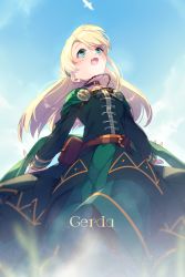Rule 34 | 1girl, belt, blonde hair, blue sky, blush, breasts, character name, dress, echo (circa), fate (series), gerda (fate), green dress, green eyes, long hair, long sleeves, looking up, open mouth, pouch, sky, small breasts, smile, solo