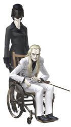 Rule 34 | 1boy, 1girl, blonde hair, cane, dress, fingernails, formal, gloves, highres, kazuma kaneko, lady in black, long hair, looking at viewer, louis cypher, lucifer (megami tensei), official art, old, old man, pale skin, sharp fingernails, shin megami tensei, shin megami tensei iii: nocturne, sitting, staff, suit, veil, wheelchair, white background, white suit, wrinkled skin