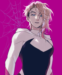 Rule 34 | 1girl, aqua eyes, blonde hair, blue eyes, breasts, closed mouth, eyebrow piercing, gugusam0, gwen stacy, hair between eyes, highres, marvel, medium breasts, piercing, serious, simple background, solo, spider-gwen, spider-man: across the spider-verse, spider-man (series), spider-verse, spider-woman, standing, superhero costume, upper body