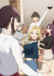 1boy 4girls ahoge arm_up black_choker black_shirt blonde_hair blue_eyes blue_shorts bowl breasts brown_eyes brown_hair choker chopsticks cleavage collared_shirt commentary_request cup curtains earrings food from_above green_shirt grey_hair grey_sweater grin hair_behind_ear hamazaki_reina high-waist_shorts highres holding holding_bowl holding_chopsticks imaizumi&#039;s_mother imaizumi_(imaizumin-chi) imaizumin-chi_wa_douyara_gal_no_tamariba_ni_natteru_rashii indoors jewelry kurumizaka_ruri large_breasts long_hair looking_at_another looking_to_the_side midriff miniskirt multiple_girls nori_gorou open_mouth pink_eyes pink_nails purple_eyes purple_hair sasaki_yukina seiza shirt short_hair shorts sitting skirt smile standing straight_hair sweater wariza white_shirt white_skirt wooden_floor