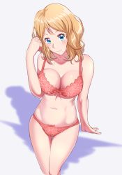 Rule 34 | 1girl, arm support, blonde hair, blush, bow, bow bra, bow panties, bra, breasts, cleavage, creatures (company), game freak, head tilt, highres, large breasts, looking at viewer, navel, niaru (r2pi), nintendo, panties, pink bra, pink panties, pokemon, pokemon (anime), pokemon xy (anime), serena (pokemon), short hair, smile, solo, thigh gap, thighs, underwear, white background