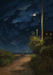 Rule 34 | 1girl, bicycle, building, cloud, cloudy sky, dirt road, grass, highres, horizon, lamppost, night, original, painting (medium), plant, power lines, road, sky, slow d, solo, star (sky), starry sky, traditional media, utility pole