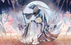 2girls absurdres aesc_(fate) aesc_(savior)_(fate) black_fur black_gloves black_pantyhose black_veil blonde_hair blue_hair blue_ribbon braid cape cloak closed_eyes closed_mouth crown debris dual_persona elbow_rest fate/grand_order fate_(series) fur-trimmed_cloak fur_trim gloves gold_trim grass head_on_arm head_rest high_ponytail highres holding holding_staff long_sleeves looking_at_another looking_up lying_on_lap mimulishizi morgan_le_fay_(fate) morgan_le_fay_(queen_of_winter)_(fate) multicolored_hair multiple_girls neck_ribbon on_grass pantyhose ponytail ribbon rock sitting sitting_on_throne staff streaked_hair throne veil white_cape white_cloak white_hair wide_sleeves