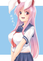 Rule 34 | 1girl, :d, alternate costume, animal ears, blue background, blue sailor collar, blue skirt, blush, breasts, casual, commentary request, contemporary, highres, hisae (hisae collect), large breasts, long hair, looking at viewer, midriff peek, neckerchief, neckwear between breasts, open mouth, pleated skirt, purple hair, rabbit ears, red eyes, red neckerchief, reisen udongein inaba, sailor collar, skirt, smile, solo, touhou, translation request, two-tone background, upper body, very long hair, white background