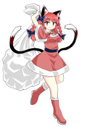 Rule 34 | 1girl, :3, alternate costume, animal ears, bag, bare legs, black bow, boots, bow, braid, cat ears, cat tail, chups, commentary request, dress, frills, green frills, highres, kaenbyou rin, looking at viewer, multiple tails, nail polish, neck ribbon, red dress, red eyes, red footwear, red hair, red nails, red neckwear, red ribbon, ribbon, santa boots, santa costume, solo, tail, touhou, twin braids, two tails, white background
