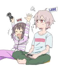 Rule 34 | +++, 1boy, 1girl, :d, ^ ^, aged down, ahoge, arms up, barefoot, black hair, brother and sister, brown eyes, closed eyes, clothes writing, commentary, controller, d2kmfsyqe69gby4, game controller, green pants, grey hair, hair ornament, hairclip, holding, holding controller, holding game controller, indian style, long sleeves, multicolored hair, onii-chan wa oshimai!, open mouth, oyama mahiro, oyama mahiro (male), oyama mihari, pants, pink pants, playing games, pout, purple hair, shirt, short sleeves, siblings, simple background, sitting, smile, squiggle, striped clothes, striped shirt, t-shirt, translated, two-tone hair, white background, white shirt
