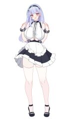Rule 34 | 1girl, absurdres, azur lane, bare shoulders, black footwear, blue hair, blunt bangs, breasts, center frills, clothing cutout, dido (azur lane), earrings, frilled skirt, frills, full body, hands up, heart, heart earrings, highres, jewelry, large breasts, londom (lonhomewell), long hair, looking at viewer, maid, maid headdress, open mouth, pink eyes, skirt, smile, solo, thighhighs, underboob, underboob cutout, white thighhighs