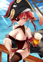 Rule 34 | 1girl, alcohol, anklet, arrow through heart, bare shoulders, beer, beer mug, black coat, black thighhighs, blush, bodystocking, breasts, coat, cup, day, eyepatch, flower, hair flower, hair ornament, hair ribbon, hat, highres, holding, holding cup, hololive, houshou marine, jewelry, lace, lace-trimmed legwear, lace trim, large breasts, leotard, long hair, looking at viewer, mug, off shoulder, outdoors, parted lips, pirate, red eyes, red hair, ribbon, see-through, see-through leotard, single thighhigh, sitting, skindentation, smile, solo, thighhighs, thighs, twintails, virtual youtuber, wet, zasshu