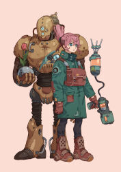 Rule 34 | 1girl, 1other, aqua coat, aqua eyes, black pants, boots, brown background, brown bag, brown footwear, brown gloves, coat, commentary request, flower, full body, gloves, gun, highres, holding, holding gun, holding weapon, humanoid robot, long sleeves, looking ahead, open mouth, original, pants, pickaxe, pink hair, ponytail, red eyes, red flower, red tulip, robot, simple background, standing, tanuki koubou, tulip, weapon