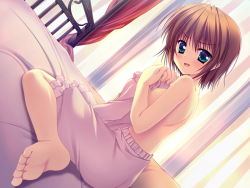 Rule 34 | 1girl, barefoot, bed, bloomers, blush, brown hair, circus (studio), covering privates, curtains, dutch angle, feet, game cg, green eyes, hakuouin ayaka, kneeling, official art, open mouth, pajamas, princess party, short hair, soles, solo, takano yuki (allegro mistic), toes, topless, underwear, wavy hair, window