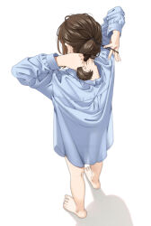 Rule 34 | 1girl, arms up, artist name, bare legs, barefoot, blue shirt, brown hair, collared shirt, commentary request, facing away, feet, from behind, full body, long hair, long sleeves, mattaku mousuke, no pants, original, ponytail, see-through, see-through shirt, shadow, shirt, simple background, solo, standing, toenails, toes, twitter username, tying hair, watermark, white background