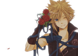 Rule 34 | 1990s (style), 1boy, bad id, bad pixiv id, bishounen, blonde hair, blue eyes, bow, cloud strife, final fantasy, final fantasy vii, flower, male focus, one eye closed, petals, plant, retro artstyle, ribbon, rose, shichimiso, simple background, solo, striped, white background, wink