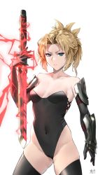 Rule 34 | 1girl, blonde hair, blue eyes, breasts, elbow gloves, fate/apocrypha, fate/grand order, fate (series), gloves, highres, keisuke desu~, leotard, mordred (fate), mordred (fate/apocrypha), small breasts, sword, thighhighs, weapon