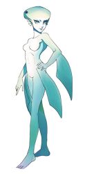 Rule 34 | 1girl, blue eyes, blue skin, breasts, colored skin, extra eyes, fish girl, hand on own hip, hosakan no.2, knees to chest, monster girl, navel, nintendo, no nipples, nude, pointy ears, princess ruto, smile, solo, standing, the legend of zelda, the legend of zelda: ocarina of time, webbed feet, zora