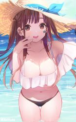 Rule 34 | 1girl, :d, bare shoulders, bikini, black bikini, breasts, brown eyes, brown hair, brown hat, cleavage, collarbone, day, hand up, hat, highres, idolmaster, idolmaster shiny colors, kuri choko, large breasts, long hair, looking at viewer, mismatched bikini, navel, off shoulder, open mouth, outdoors, revision, smile, solo, sonoda chiyoko, stomach, straw hat, swimsuit, thighs, two side up, wading, water, white bikini