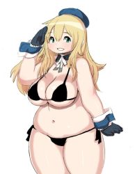 Rule 34 | 10s, 1girl, aqua eyes, atago (kancolle), blonde hair, blush, breasts, cleavage, hat, kantai collection, kjmvideo, large breasts, long hair, looking at viewer, navel, parted lips, plump, smile, solo, standing, swimsuit, thick thighs, thighs, wide hips