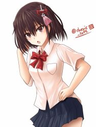 Rule 34 | 1girl, :o, alternate costume, artist name, black skirt, bow, bowtie, breast pocket, breasts, brown eyes, brown hair, collared shirt, commentary, cowboy shot, dress shirt, hair between eyes, hair ornament, hand on own hip, hand to head, haura akitoshi, kantai collection, light blush, looking at viewer, medium breasts, one-hour drawing challenge, open mouth, playing with own hair, pleated skirt, pocket, red bow, red bowtie, school uniform, sendai (kancolle), shirt, short sleeves, signature, simple background, skirt, solo, standing, translated, twitter username, two side up, white background, white shirt