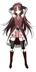 Rule 34 | 1girl, armpits, arms behind head, black thighhighs, boots, closed mouth, detached sleeves, dress, eyelashes, fang, highres, knee boots, long hair, looking at viewer, magical girl, mahou shoujo madoka magica, mahou shoujo madoka magica (anime), misteor, pink skirt, pleated skirt, red dress, red eyes, red footwear, red hair, sakura kyoko, sakura kyoko (magical girl), simple background, skirt, skirt under dress, smug, solo, soul gem, standing, thighhighs, thighhighs under boots, white background